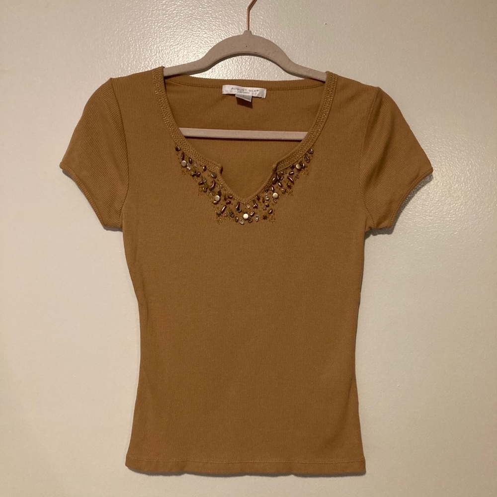 Tan beaded v neck top